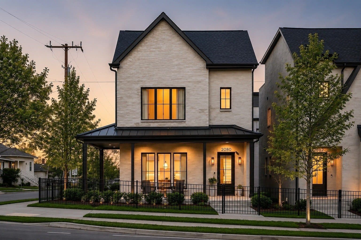 Front exterior at dusk of the cream brick home with black trim and a covered porch at 2080 12th Avenue South, one of the 12 South homes for sale in 12 South Nashville