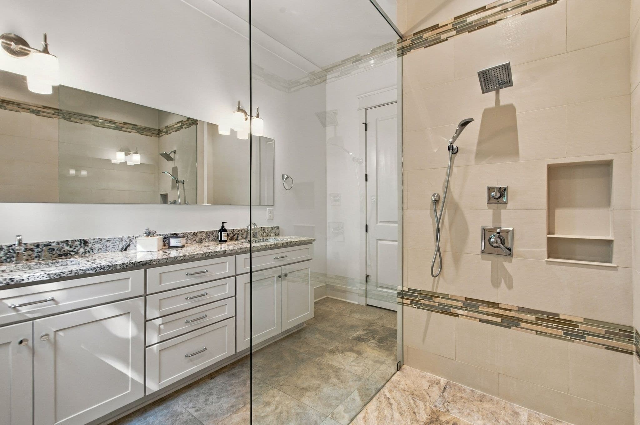 Primary bath with tiled spa inspired shower at 824B Horner Avenue, 12 South Nashville