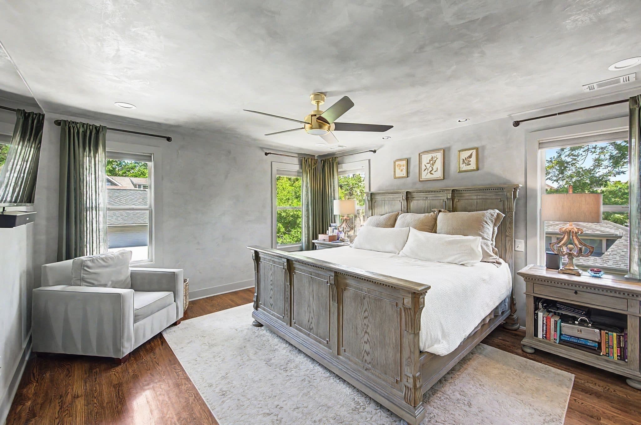 Primary bedroom with Venetian plaster walls at 1012 Acklen Avenue, 12 South Nashville