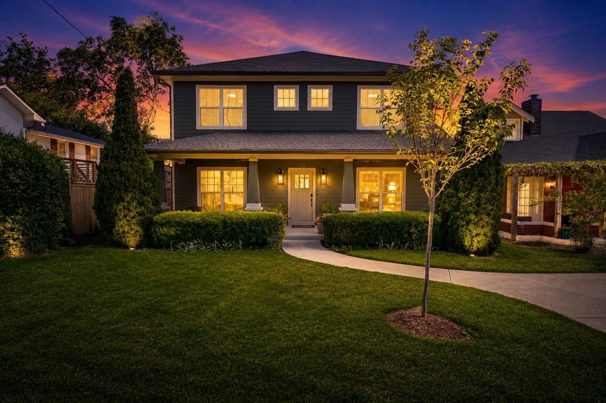 Front exterior at dusk of 1012 Acklen Avenue, 12 South Nashville