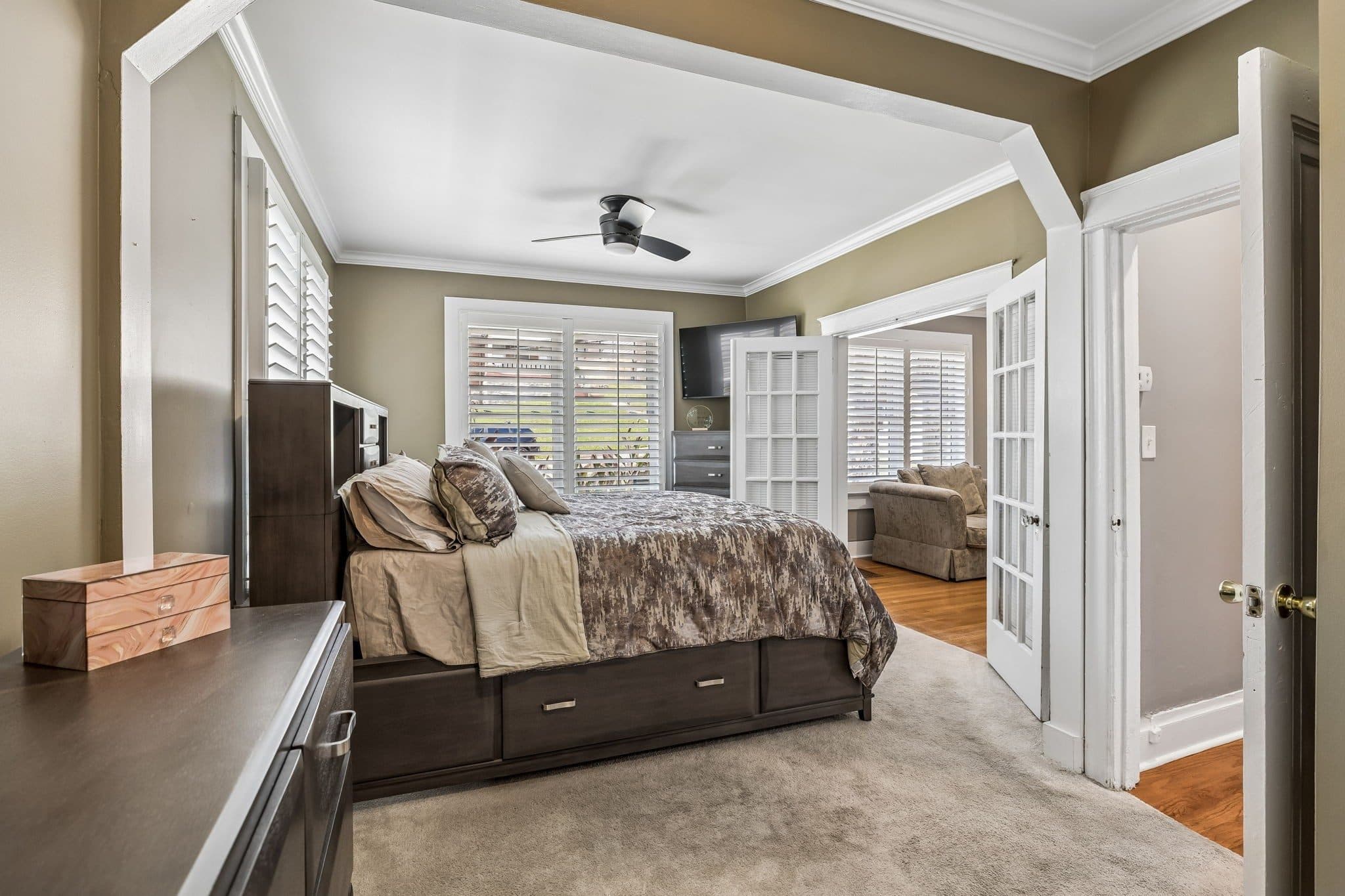 Primary bedroom with French doors at 2112 Eastwood Avenue, 12 South Nashville